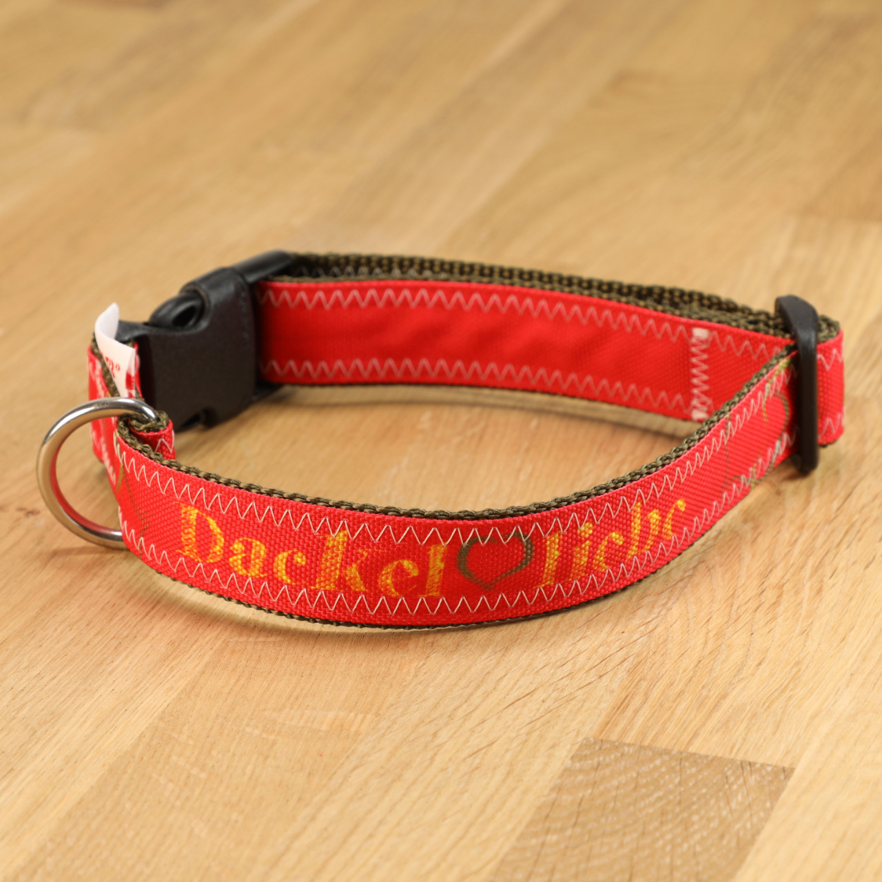 Hundehalsband Dackelliebe Segeltuch rot &amp; oliv